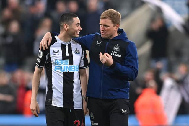 Miguel Almiron and Newcastle United head coach Eddie Howe (Photo by Stu Forster/Getty Images)
