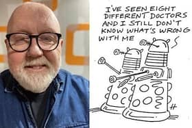 David Haldane and one of his cartoons.
