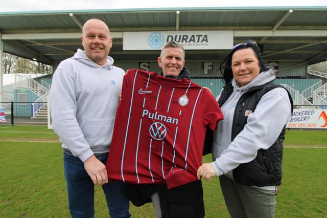 Left to right, Durata managing director John McGee, South Shields FC operations director Carl Mowatt and Durata director Alison McGee.