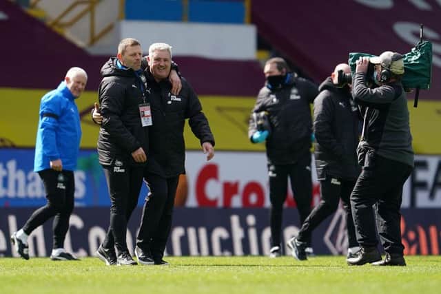 Graeme Jones and Steve Bruce after Newcastle United's win over Burnley at Turf Moor.