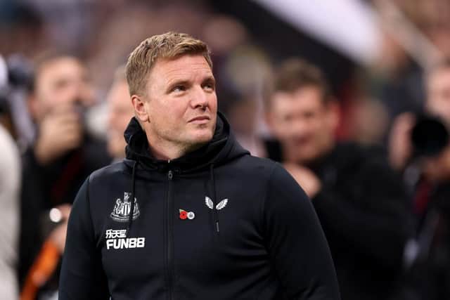 Eddie Howe, Manager of Newcastle United looks on prior to the Premier League match between Newcastle United and Chelsea FC at St. James Park on November 12, 2022 in Newcastle upon Tyne, England. (Photo by George Wood/Getty Images)