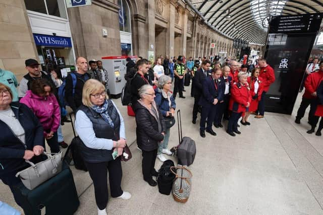 Dated: 19/09/2022
MINUTES SILENCE QUEENS FUNERAL 
A minutes silence is observed by LNER staff and commuters at Newcastle's Central Station in memory of Her Majesty Queen Elizabeth II today (Monday) 
See Queen Funeral round up 