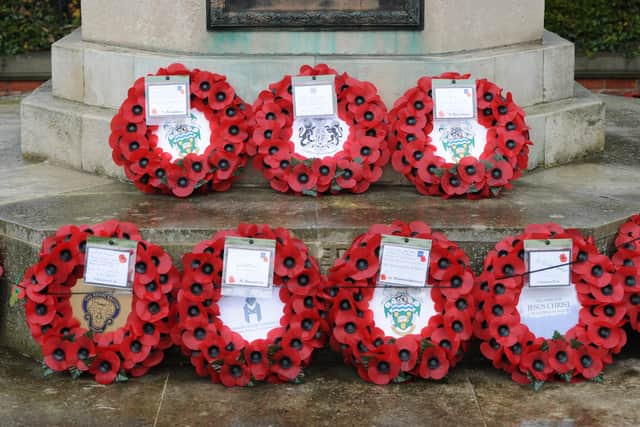 Wreaths laid at Westoe Cenotaph, South Shields, on Remembrance Sunday.