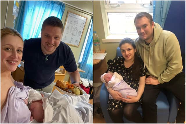 Simon and Michelle Howatson with Hope Rose (left) and Charlotte and Christopher Tweddle with Emilia Kate