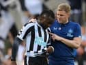 Allan Saint-Maximin of Newcastle United talks with Eddie Howe, Manager of Newcastle United, after the final whistle of the Premier League match between Newcastle United and Manchester City at St. James Park on August 21, 2022 in Newcastle upon Tyne, England. (Photo by Stu Forster/Getty Images)
