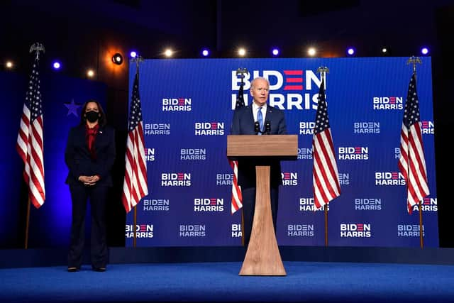 Joe Biden and Kamala Harris address the nation at the Chase Center in Wilmington, Delaware on November 6. Picture: Drew Angerer/Getty Images.