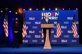 Joe Biden and Kamala Harris address the nation at the Chase Center in Wilmington, Delaware on November 6. Picture: Drew Angerer/Getty Images.
