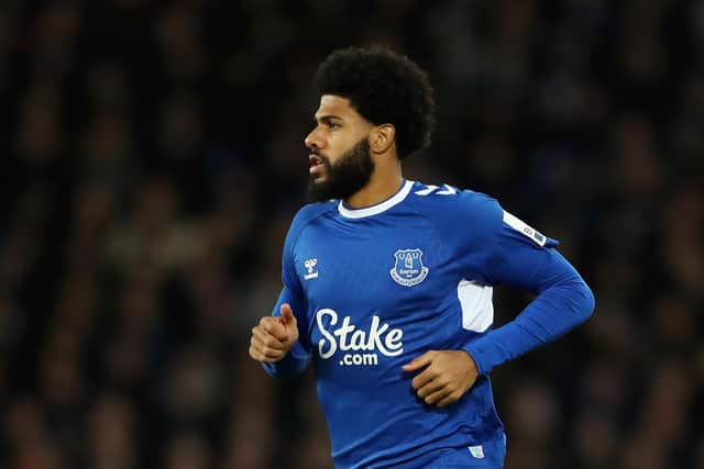 LIVERPOOL, ENGLAND - JANUARY 14: Ellis Simms of Everton looks on during the Premier League match between Everton FC and Southampton FC at Goodison Park on January 14, 2023 in Liverpool, England. (Photo by Lewis Storey/Getty Images)