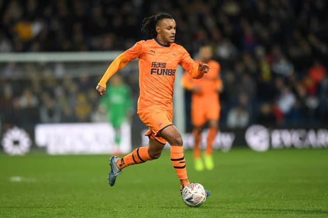 WEST BROMWICH, ENGLAND - MARCH 03: Valentino Lazaro of Newcastle United in action during the FA Cup Fifth Round match between West Bromwich Albion and Newcastle United at The Hawthorns on March 03, 2020 in West Bromwich, England. (Photo by Stu Forster/Getty Images)
