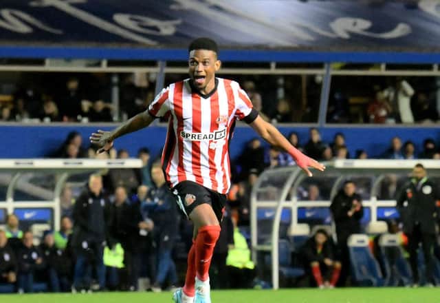 Amad Diallo celebrates after scoring for Sunderland.