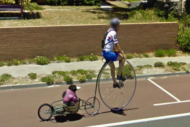 In Western Australia, this person has opted for a rather unusual way to transport themselves, and their stuffed bird toy - via penny farthing.