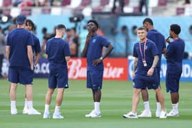 Newcastle United's Kieran Trippier with his England team-mates after of this afternoon's opener against Iran at the Khalifa International Stadium in Doha, Qatar.