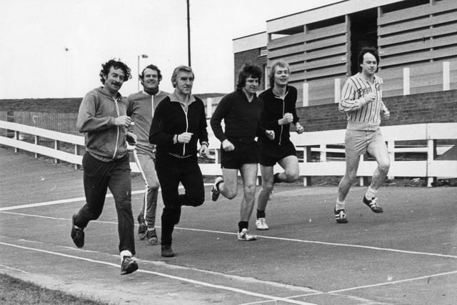 Brian Kirkley of Shields Harriers leads the field in a lunch time jogging session at Gypsies Green Stadium 45 years ago.