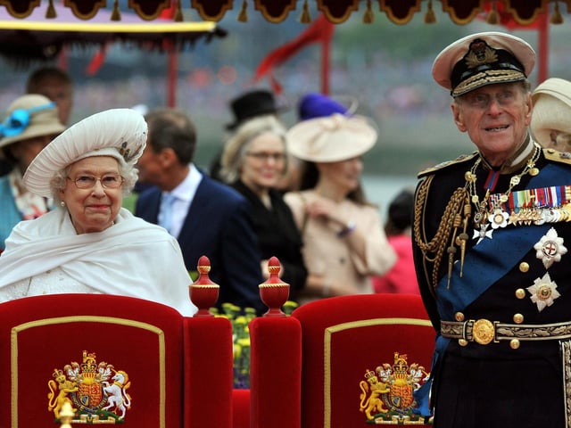 Elizabeth II and Duke of Edinburgh onboard the Spirit of Chartwell during the Diamond Jubilee Pageant on the River Thames in London.03/06/12