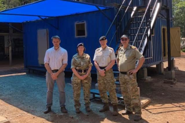 Commander Karen Cahill with Danish colleagues at the under-construction fire safety facility.