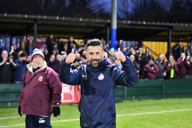 Kevin Phillips celebrates South Shields' 2-1 victory over Warrington Town