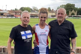 Alexis Dodd with coach Michael McNally (left) and Tom Moyse, Managing Director Clean It Group UK