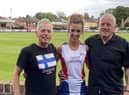 Alexis Dodd with coach Michael McNally (left) and Tom Moyse, Managing Director Clean It Group UK