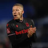 Dwight Gayle of Stoke City applauds the fans after the Emirates FA Cup Third Round match between Hartlepool United and Stoke City at Suit Direct Stadium on January 08, 2023 in Hartlepool, England. (Photo by Stu Forster/Getty Images)