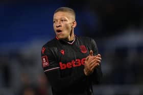 Dwight Gayle of Stoke City applauds the fans after the Emirates FA Cup Third Round match between Hartlepool United and Stoke City at Suit Direct Stadium on January 08, 2023 in Hartlepool, England. (Photo by Stu Forster/Getty Images)