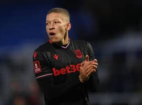 Dwight Gayle of Stoke City applauds the fans after the Emirates FA Cup Third Round match between Hartlepool United and Stoke City at Suit Direct Stadium on January 08, 2023 in Hartlepool, England. (Photo by Stu Forster/Getty Images)