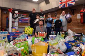 Horsley Hill ABC food donations to Hospitality & Hope. Foodbank coodinater Connor Sullivan with coaches Steve Winter, Neil Jones and Stephen Douglas with boxing children Max Winter, 10, Cein Jones, 8 and Shea Jones, 11