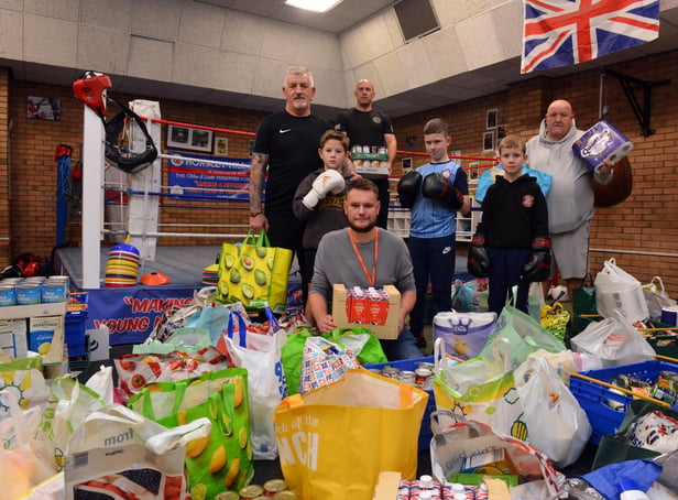 Horsley Hill ABC food donations to Hospitality & Hope. Foodbank coodinater Connor Sullivan with coaches Steve Winter, Neil Jones and Stephen Douglas with boxing children Max Winter, 10, Cein Jones, 8 and Shea Jones, 11