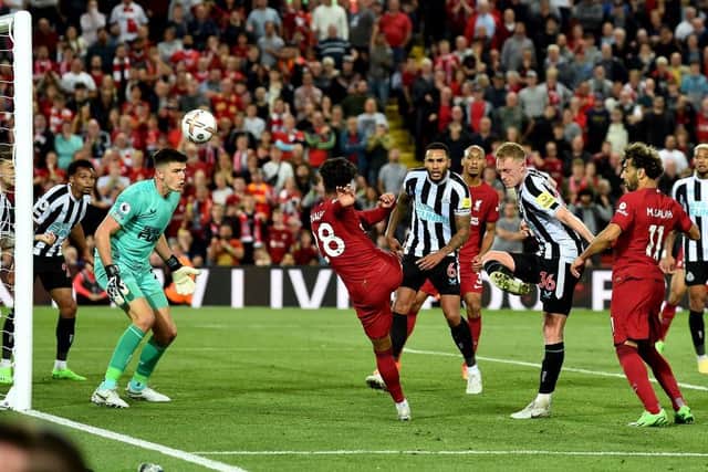 Fabio Carvalho of Liverpool scoring the second goal during the Premier League match between Liverpool FC and Newcastle United at Anfield on August 31, 2022 in Liverpool, England. (Photo by Andrew Powell/Liverpool FC via Getty Images)