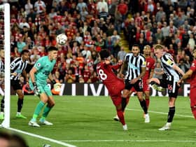Fabio Carvalho of Liverpool scoring the second goal during the Premier League match between Liverpool FC and Newcastle United at Anfield on August 31, 2022 in Liverpool, England. (Photo by Andrew Powell/Liverpool FC via Getty Images)