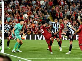 Fabio Carvalho of Liverpool scoring the second goal during the Premier League match between Liverpool FC and Newcastle United at Anfield on August 31, 2022 in Liverpool, England. (Photo by Andrew Powell/Liverpool FC via Getty Images)