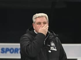 Newcastle United head coach Steve Bruce reacts during the Premier League match against Leeds United at St James's Park.