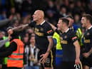 Jonjo Shelvey celebrates with teammate Ryan Fraser of Newcastle after scoring their team's first goal during the Premier League match between Leeds United and Newcastle United at Elland Road on January 22, 2022 in Leeds, England. (Photo by Stu Forster/Getty Images)