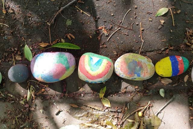 Children have been decorating pebbles and adding them to the snake.