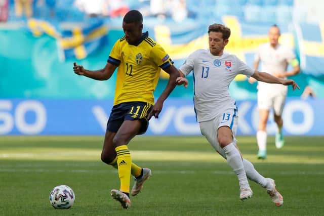 Real Sociedad's Alexander Isak heads for the ball during a Spanish