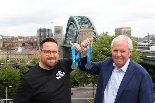 Sir Brendan Foster, who founded the Great North Run and local artist James Dixon who came up with this year's designs