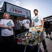 Hospitality and Hope team and service users (Left to right) Pauline Tinnelly, Chair of Trustees;  Michael Lee; Paul
Oliver, chief executive; Stephen Williamson, food bank co-ordinator;  Darren Idle; Ann-Marie Diamond, wellbeing project support worker.
