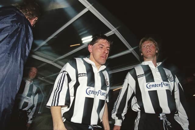 MONACO, FRANCE - MARCH 18:  Newcastle United players Peter Beardsley (c) Warren Barton and David Batty (l) emerge from the players tunnel wearing the Center Parcs logo on their shirts before the second leg of the UEFA Cup match against Monaco in France on March 18, 1997.  (Photo by Mark Thompson/Allsport/Getty Images)