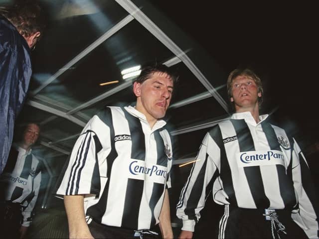 MONACO, FRANCE - MARCH 18:  Newcastle United players Peter Beardsley (c) Warren Barton and David Batty (l) emerge from the players tunnel wearing the Center Parcs logo on their shirts before the second leg of the UEFA Cup match against Monaco in France on March 18, 1997.  (Photo by Mark Thompson/Allsport/Getty Images)