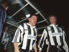 MONACO, FRANCE - MARCH 18:  Newcastle United players Peter Beardsley (c) Warren Barton and David Batty (l) emerge from the players tunnel wearing the Center Parcs logo on their shirts before the second leg of the UEFA Cup match against Monaco in France on March 18, 1997.  (Photo by Mark Thompson/Allsport/Getty Images)