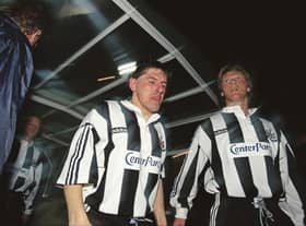 MONACO, FRANCE - MARCH 18:  Newcastle United players Peter Beardsley (c) Warren Barton and David Batty (l) emerge from the players tunnel wearing the Center Parcs logo on their shirts before the second leg of the UEFA Cup match against Monaco in France on March 18, 1997.  (Photo by Mark Thompson/Allsport/Getty Images)