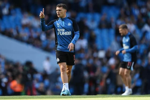 Kieran Trippier of Newcastle United reacts during the warm up prior to kick off of the Premier League match between Manchester City and Newcastle United at Etihad Stadium on May 08, 2022 in Manchester, England. (Photo by Stu Forster/Getty Images)