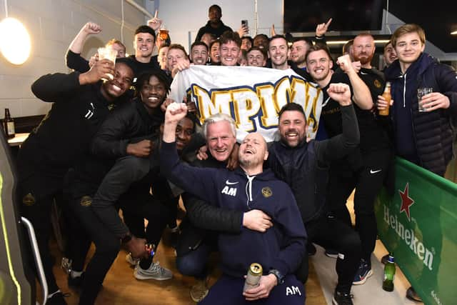 The South Shields players and staff celebrate promotion. Picture by Kevin Wilson.