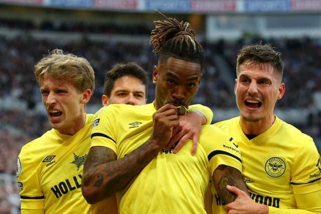 Brentford's Ivan  Toney celebrates scoring against Newcastle United this season.