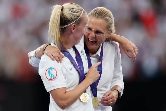 Sarina Wiegman celebrates with Beth Mead after the 2-1 win during the UEFA Women's Euro 2022 final match. Picture: Naomi Baker/Getty Images.