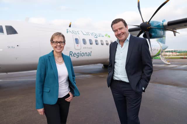 Aer Lingus CEO Lynne Embleton with Emerald Airlines CEO Conor McCarthy, at the announcement of the commencement of Aer Lingus Regional flights