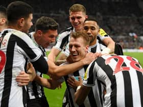 Newcastle United's Dan Burn celebrates his goal with his team-mates.