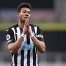 Joelinton of Newcastle United reacts after a missed chance during the Premier League match between Newcastle United and Wolverhampton Wanderers at St. James Park on February 27, 2021 in Newcastle upon Tyne, England.