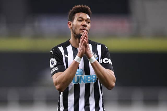 Joelinton of Newcastle United reacts after a missed chance during the Premier League match between Newcastle United and Wolverhampton Wanderers at St. James Park on February 27, 2021 in Newcastle upon Tyne, England.