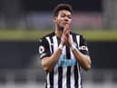 Joelinton of Newcastle United reacts after a missed chance during the Premier League match between Newcastle United and Wolverhampton Wanderers at St. James Park on February 27, 2021 in Newcastle upon Tyne, England.