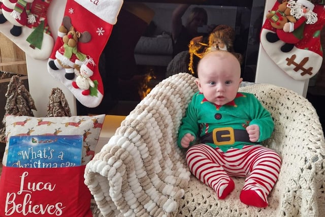 Lucas Joe, age 16 weeks, ready to celebrate his first Christmas.